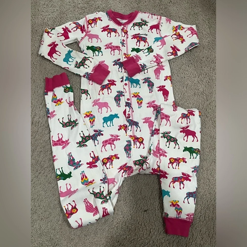 HATLEY LITTLE BLUE HOUSE MOOSE PATTERNED KIDS UNION SUIT PAJAMAS, GIRLS SIZE 10